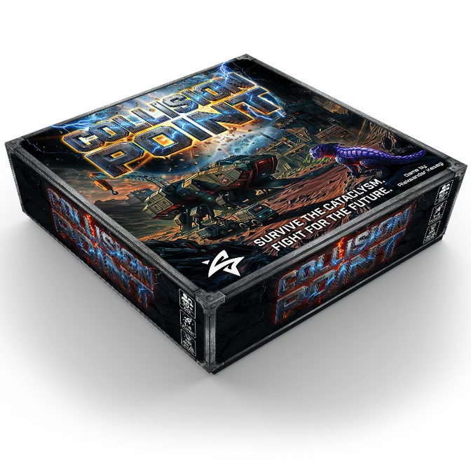 Collision Point board game box cover showing two colliding planets in space